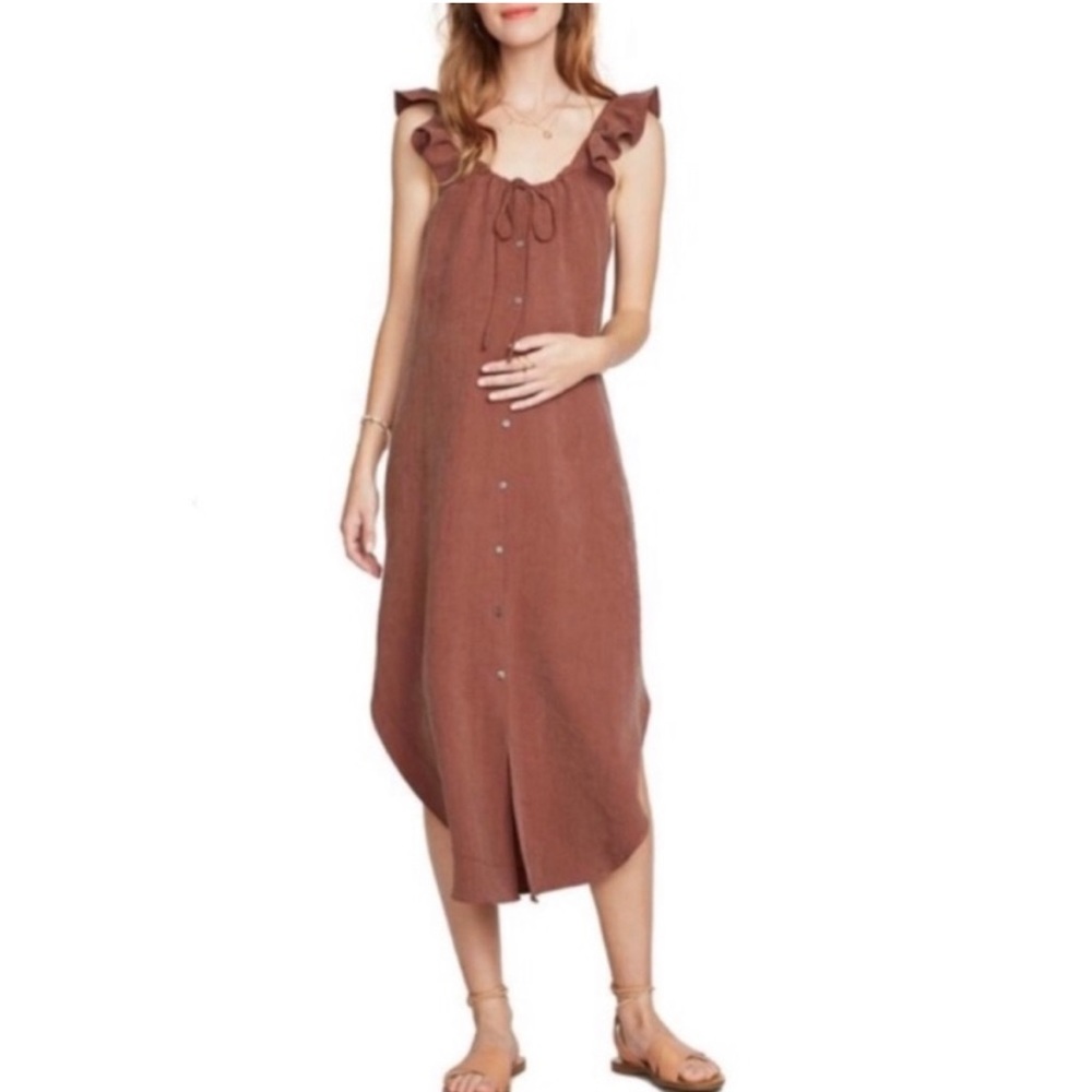 Hatch Rust Brown Ruffle Strap Midi Dress